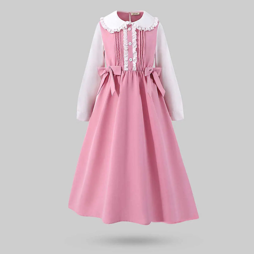 Girls Pink Solid Bow Long Sleeves Fit & Flare Midi Dress Casual Dresses Pink 7-8 Y