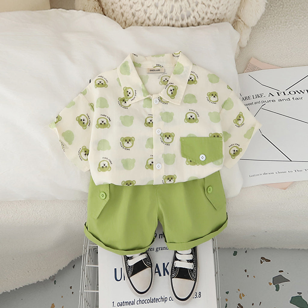 Boys Green Printed Short Sleeves Contrast Flap Shirt With Shorts Set 2 pc. Sets Green 1-2 Y