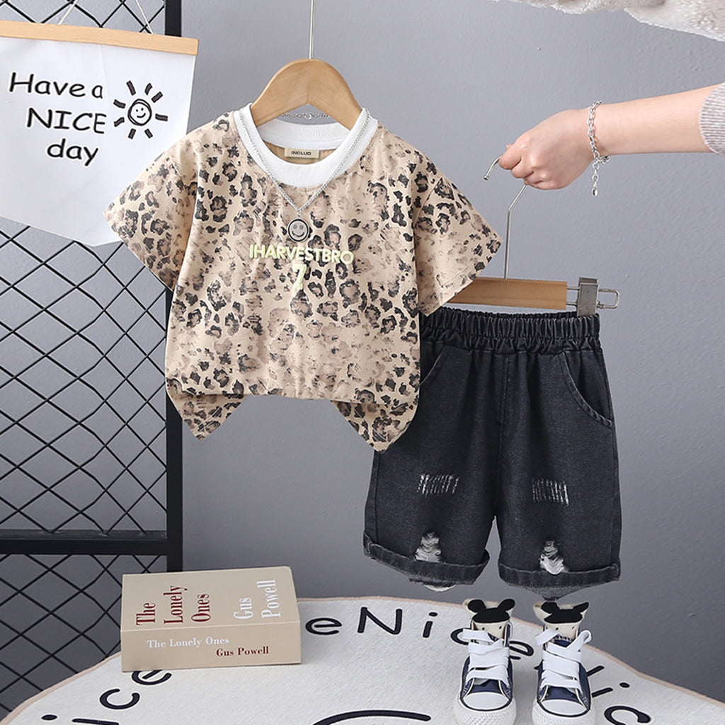 Boys Khaki Animal Printed Round Neck T-Shirt With Denim Shorts Set 2 pc. Sets Khaki 1-2 Y