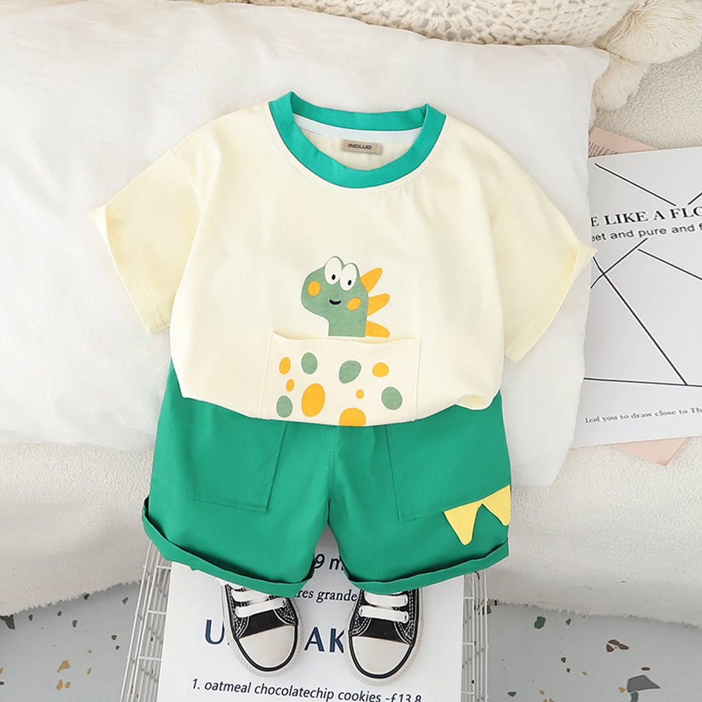 Boys Graphic Printed Pouch Pocket T-Shirt With Green Shorts Set 2 pc. Sets Green 1-2 Y