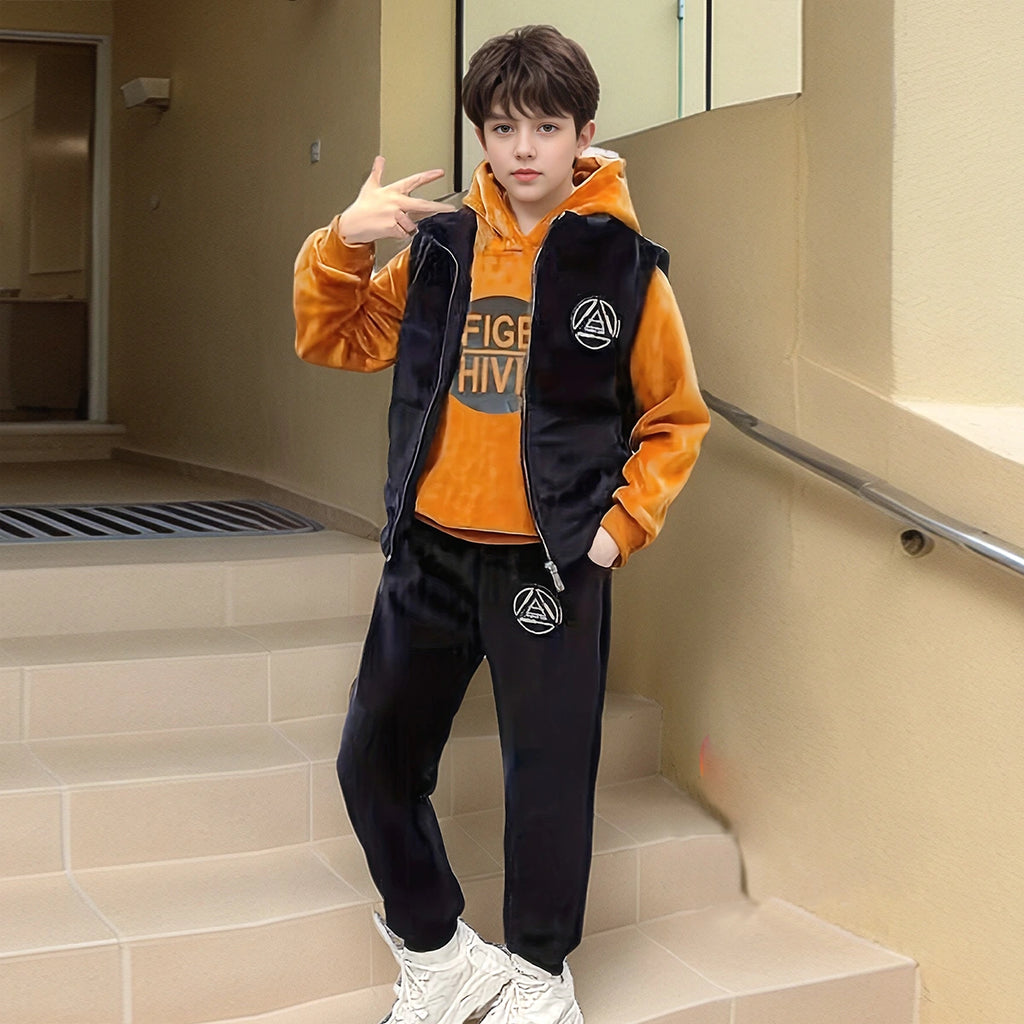 Boys Yellow Typographic Printed Hoodie With Sleeveless Jacket & Jogger Sets Sets Yellow 5-6 Y