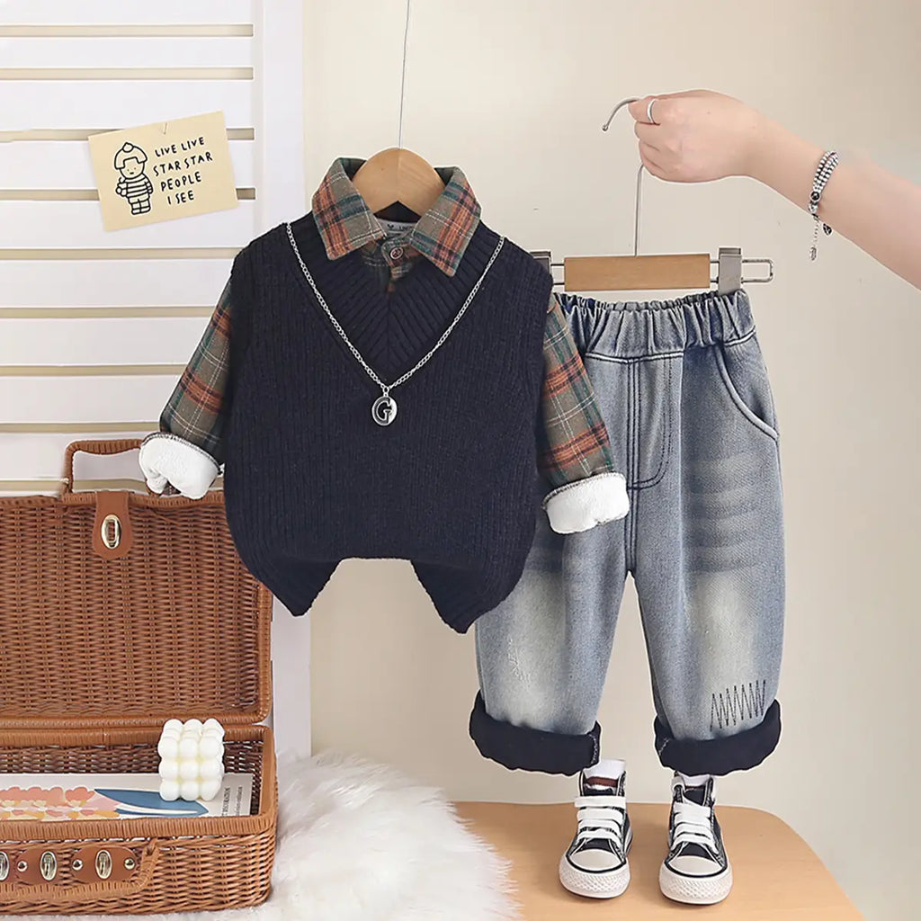 Boys Black Sweater Vest With Checked Shirt & Denim Pant Sets Sets Black 1-2 Y