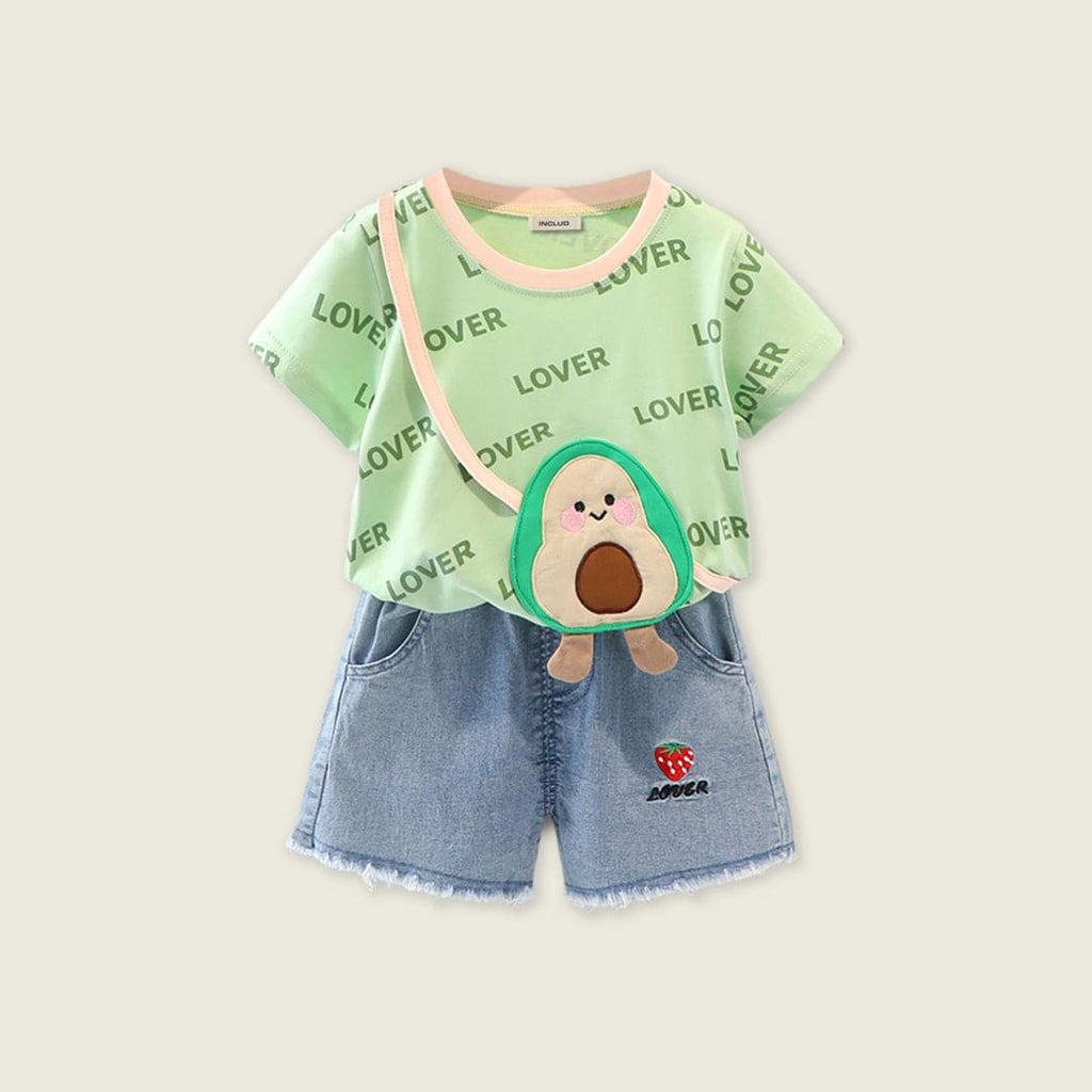 Girls Light Green Strawberry Applique T-Shirt With Denim Shorts Sets Light Green 1-2 Y 