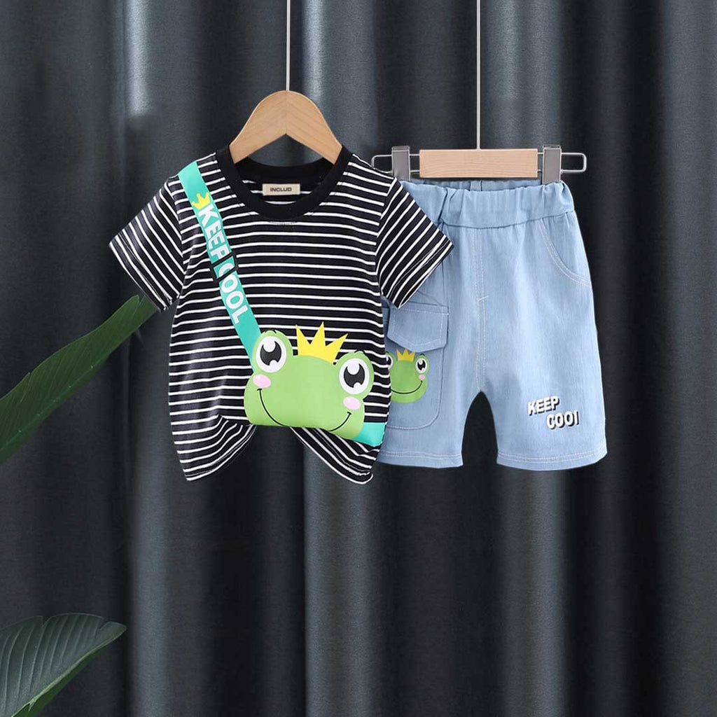 Boys Striped Frog Print T-Shirt With Denim Shorts Set 2 pc. Sets Black 1-2 Y 