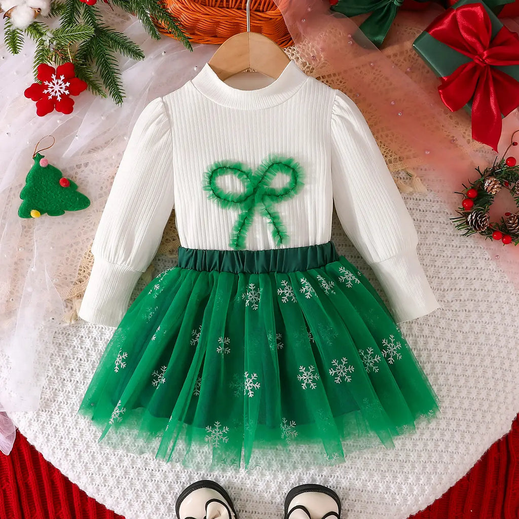 Girls Self-Design Stripe Top With Green Embroidered Tulle Overlay Skirt Sets 2 pc. Sets Green 1-2 Y