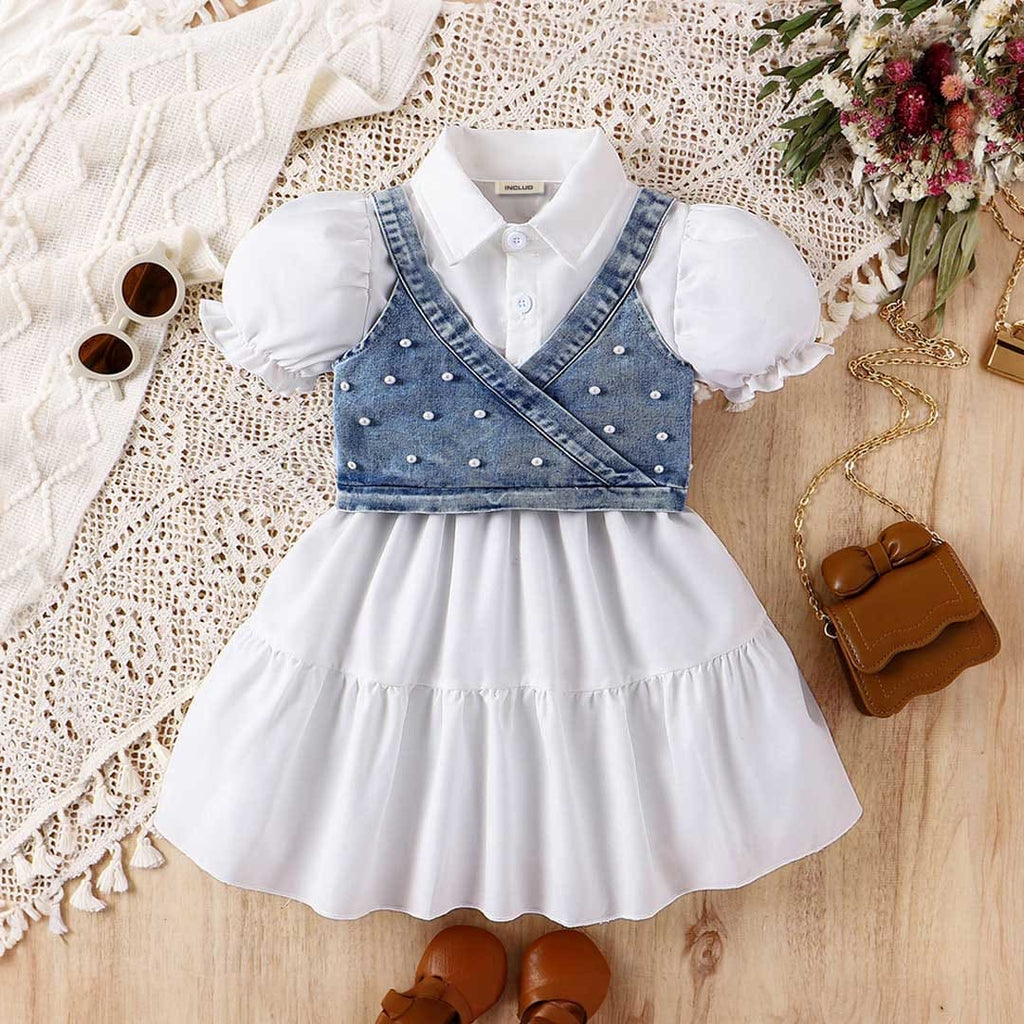 Girls Puff Sleeve Shirt Dress With Denim Vest Casual Dresses White 4-5 Y 