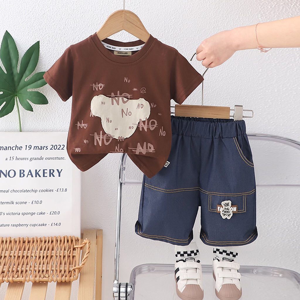 Boys Brown Graphic Printed Short Sleeves T-Shirt With Denim Shorts Set 2 pc. Sets Brown 1-2 Y