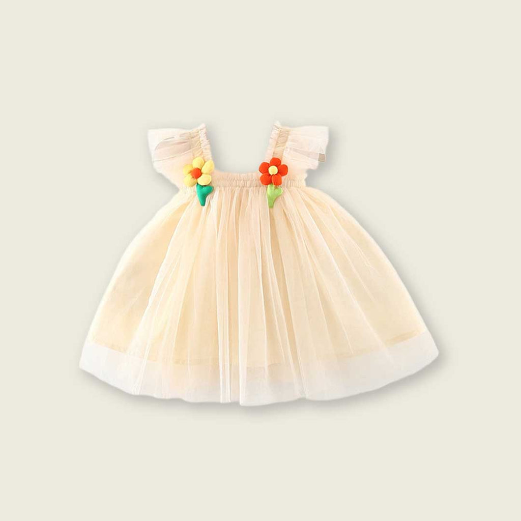 Girls Flower Patch Casual Tulle Dress Casual Dresses Off White 1-2 Y 