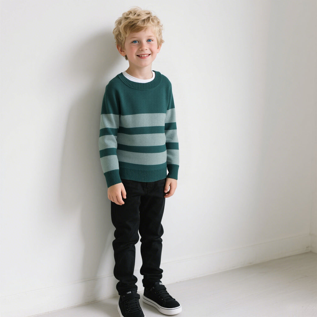 Boys Green Stripes Pullover Winter Sweater Sweaters & Cardigans Green 5-6 Y