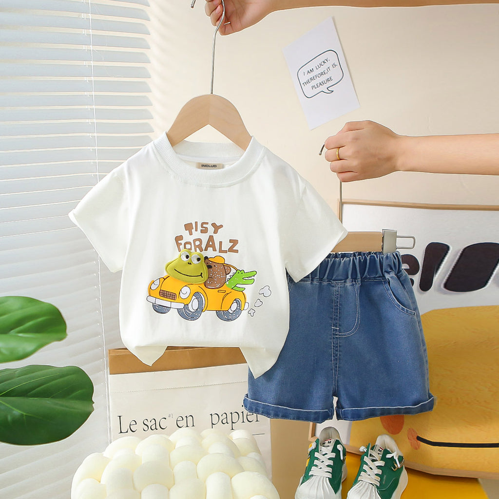 Boys White Car Printed Short Sleeves T-Shirt With Denim Shorts Set 2 pc. Sets White 1-2 Y
