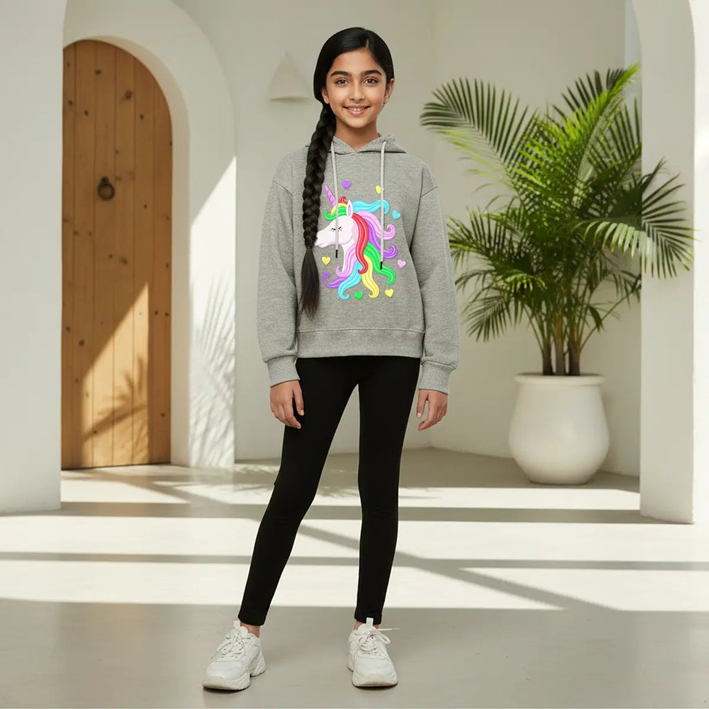 Girls Grey Unicorn Heart Graphics Hoodie Sweatshirt Sweatshirts & Hoodies Grey 1-2 Y