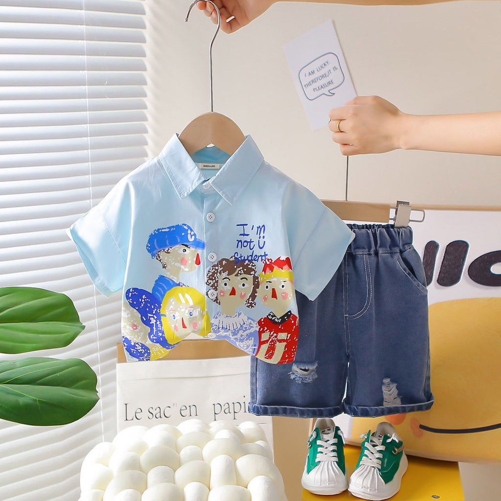 Boys Sky Blue Printed Extended Sleeves Shirt With Denim Shorts Set 2 pc. Sets Sky Blue 1-2 Y