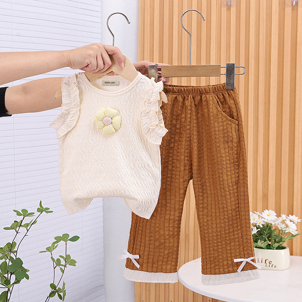 Girls Flower Applique Sleeveless Top With Brown Textured Pants Set 2 pc. Sets Brown 1-2 Y