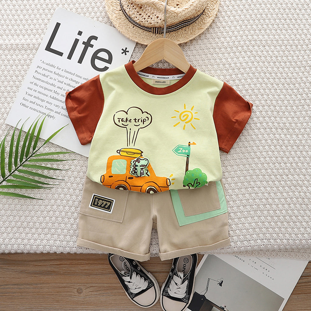 Boys Yellow Car Print Short Sleeve T-Shirt With Elasticated Shorts Set 2 pc. Sets Yellow 1-2 Y