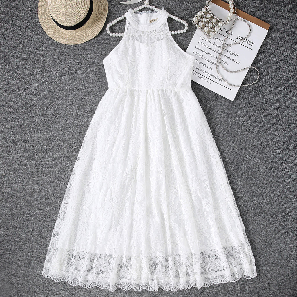Girls White Halter Neck Embroidered Fabric Dress Casual Dresses White 12-13 Y