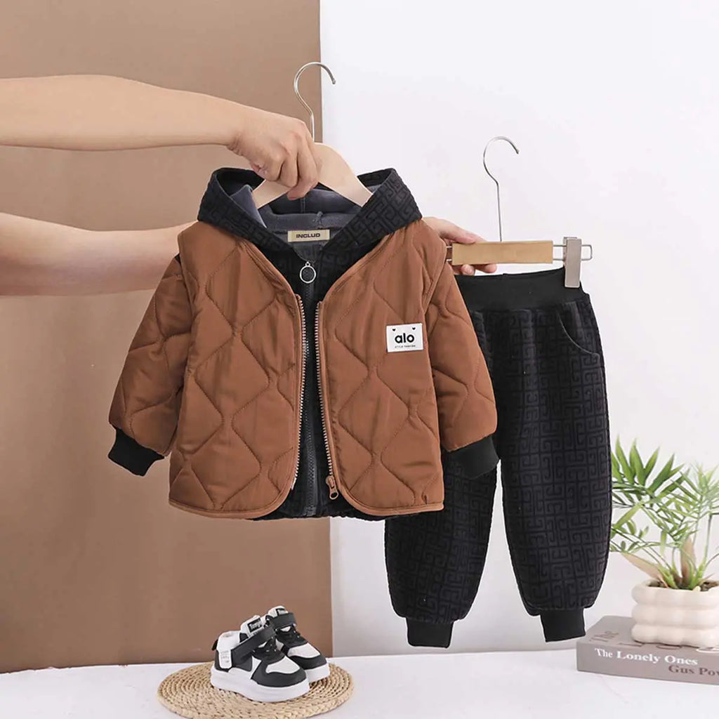 Boys Brown Quilted Vest With Hooded Zipper Jacket & Jogger Sets Sets Brown 1-2 Y