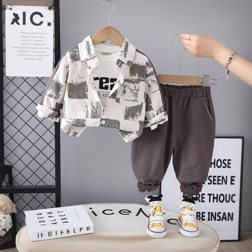 Boys Grey Abstract Printed Shirt With T-Shirt and Pants Set Sets Grey 1-2 Y