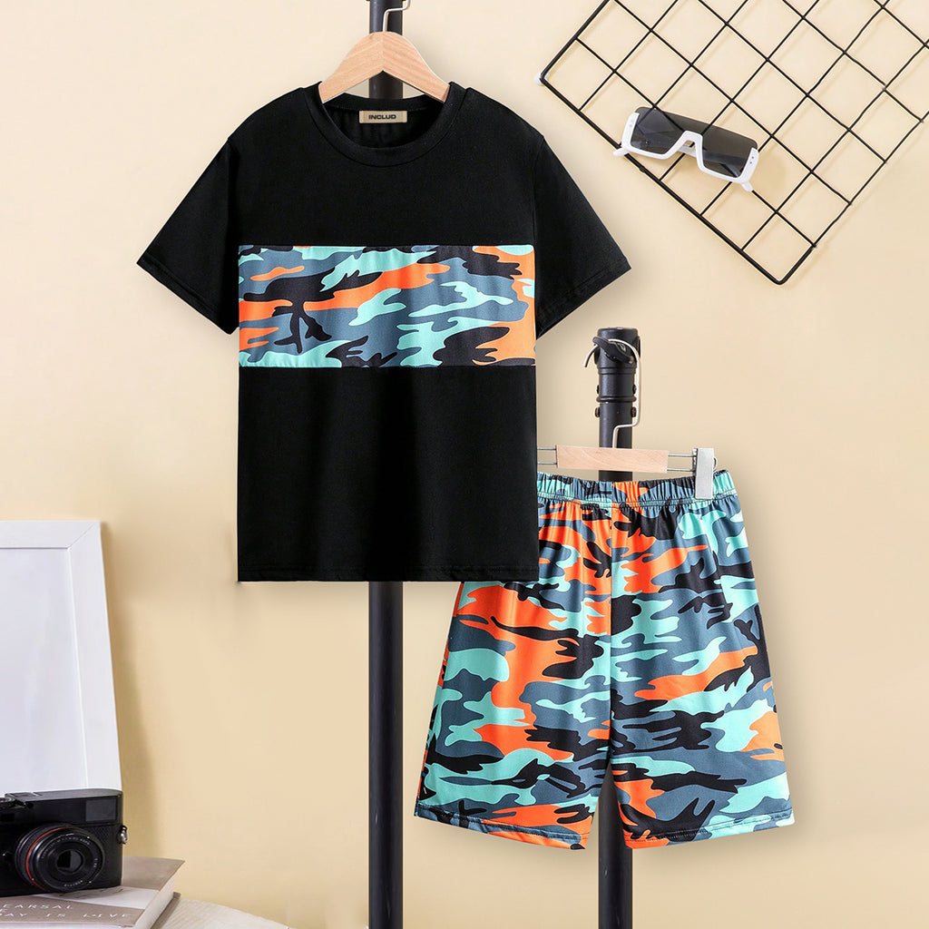 Boys Black Camouflage Printed Short Sleeves T-Shirt With Shorts Set 2 pc. Sets Black 7-8 Y