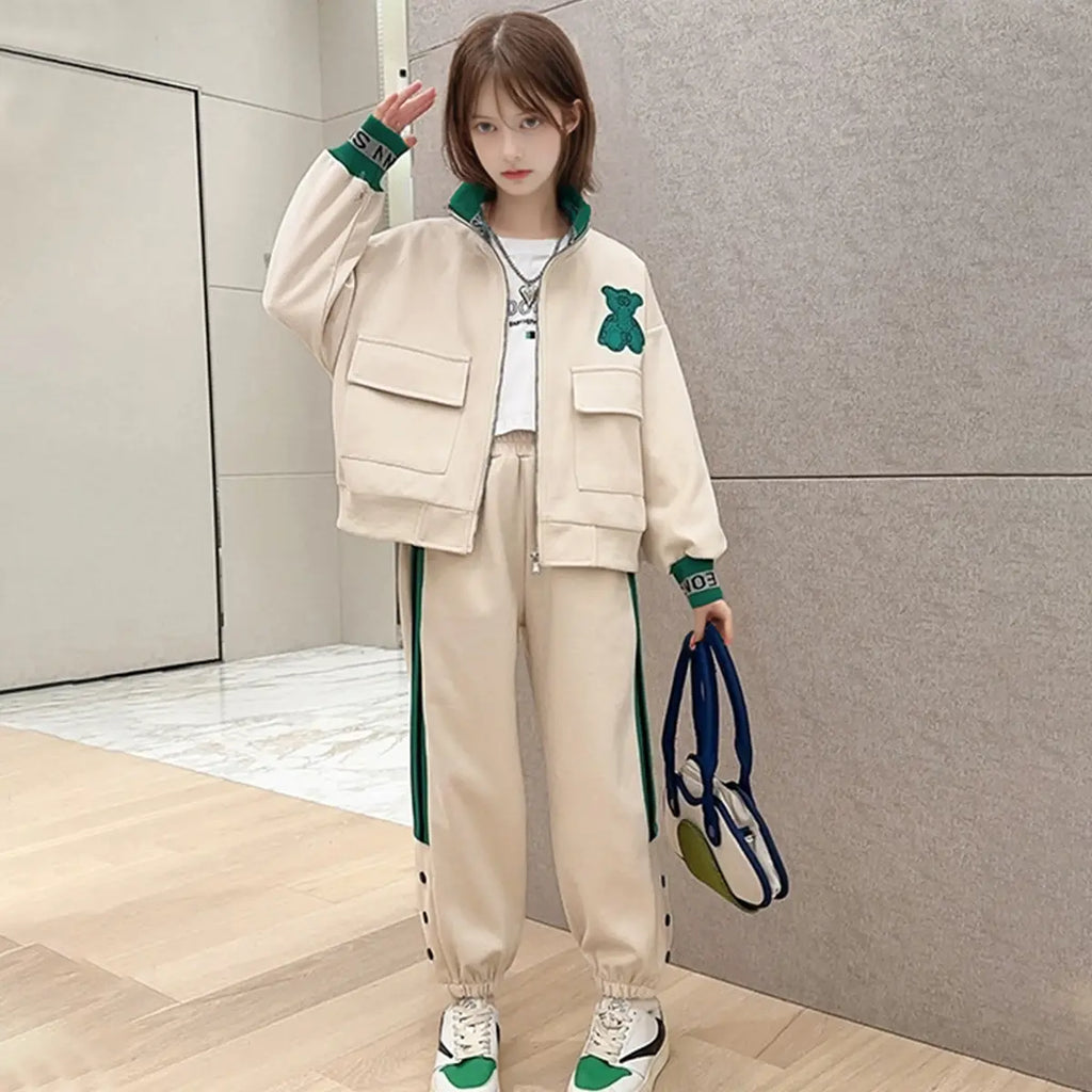Girls Beige Bear Embroidered Zipper Jacket With Jogger Co-ord Sets Sets Beige 5-6 Y