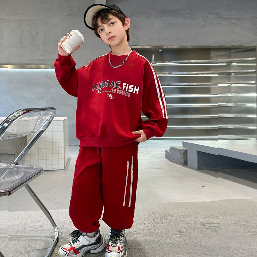 Boys Red Typographic Printed Sweatshirt With Joggers Winter Co-ord Sets 2 pc. Sets Red 5-6 Y