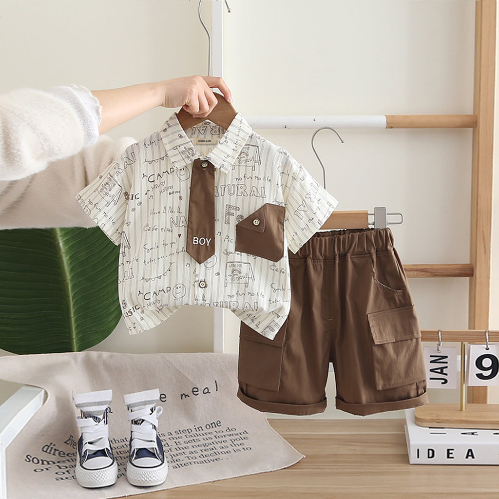 Boys Printed Short Sleeves Shirt With Brown Neck Tie And cargo Shorts Set Sets Brown 1-2 Y