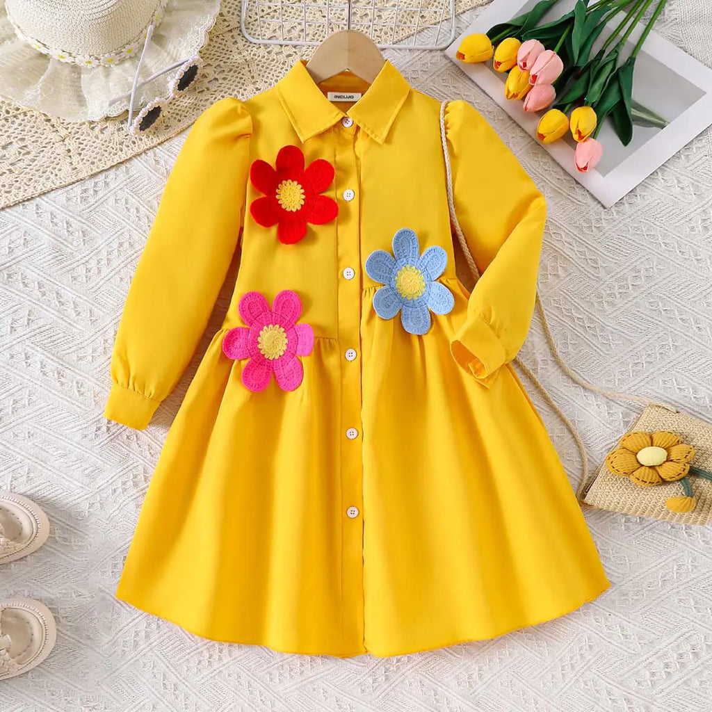 Girls Yellow Solid Flowers Appliqued Shirt Dress Casual Dresses Yellow 3-4 Y