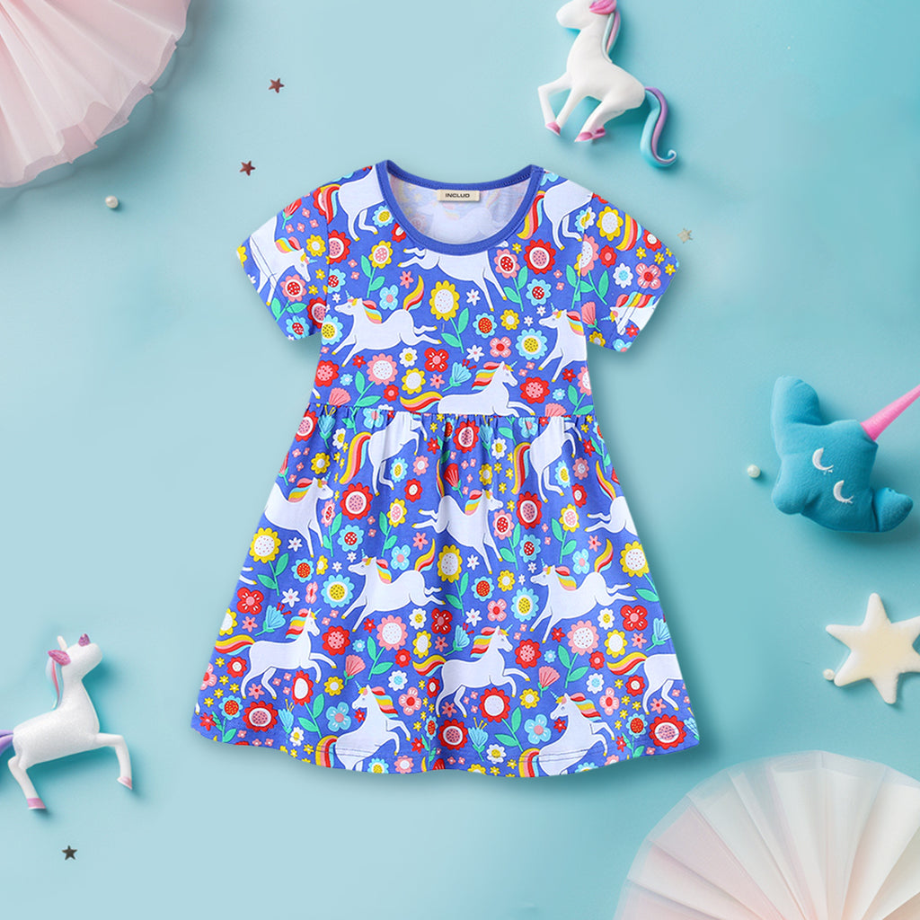 Girls Short Sleeve Unicorn Printed Dress Casual Dresses Blue 1-2 Y 