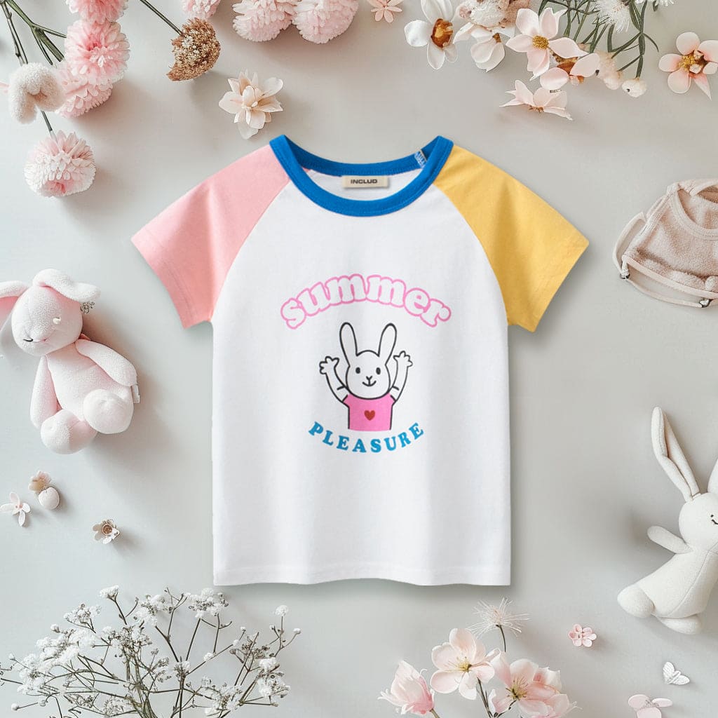 Girls Colorblocked Cartoon Print Short Sleeves T-shirt Tshirts Pink 1-2 Y 