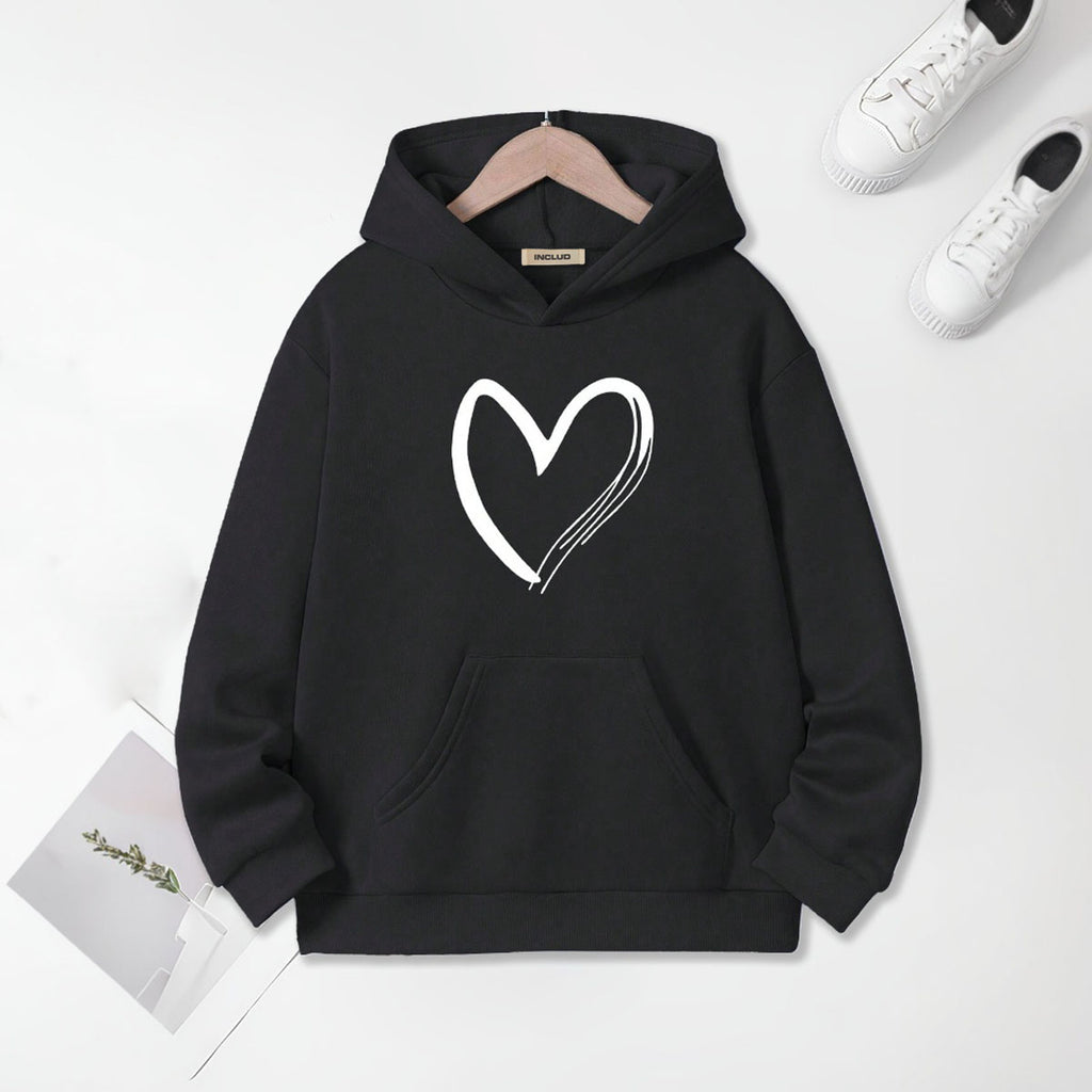 Girls Black Heart Printed Hooded Sweatshirt Sweatshirts & Hoodies Black 7-8 Y