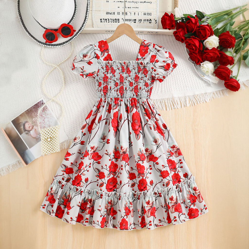 Girls Red Floral Printed Puff Sleeves Smocked Fit & Flare Casual Dress Casual Dresses Red 3-4 Y