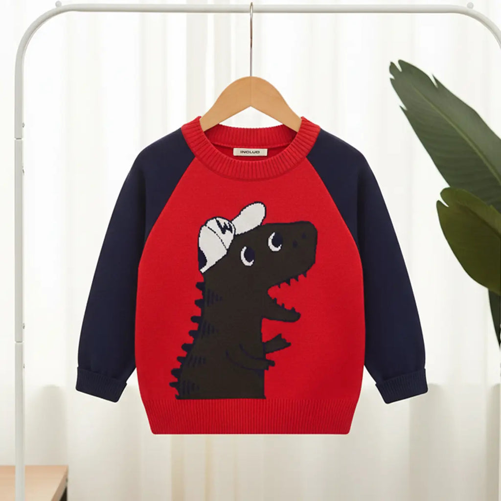 Boys Red Self-Design Dinosaur Cartoon Pattern Knitted Sweater Sweaters & Cardigans Red 1-2 Y