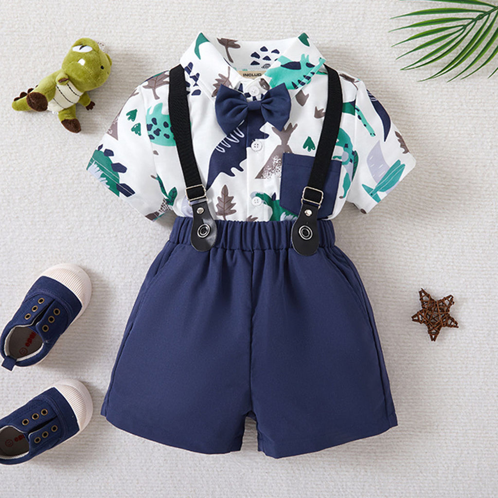 Boys Dinosaur Printed Short Sleeve Shirt With Navy Suspender Shorts Set 2 pc. Sets Navy Blue 1-2 Y