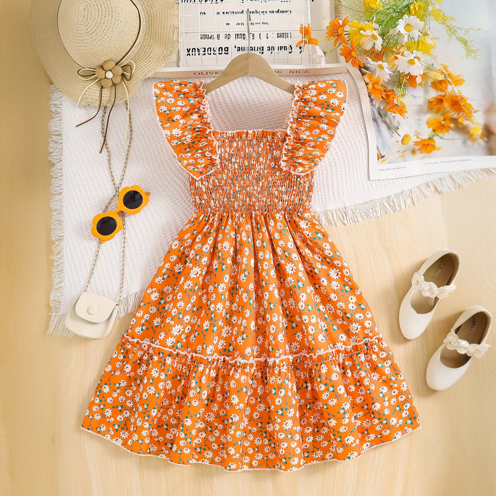 Girls Orange Floral Printed Sleeveless Smocked Fit And Flared Casual Dress Casual Dresses