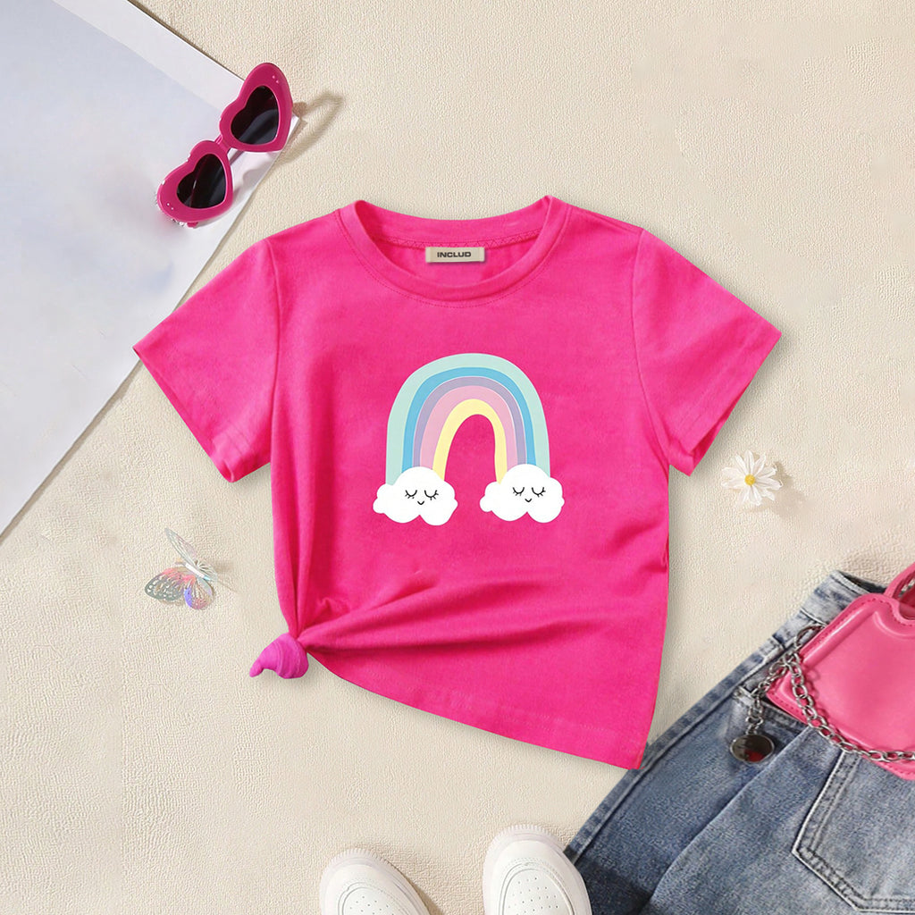 Girls Fuchsia Rainbow Printed Short Sleeves T-shirt Tshirts Fuchsia 3-4 Y