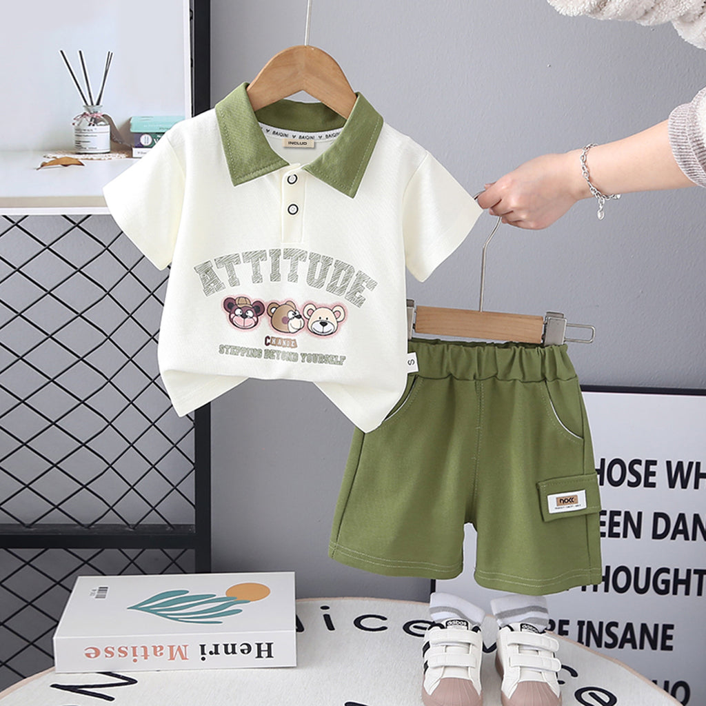 Boys Printed Contrast Collared Polo T-Shirt With Green Shorts Set 2 pc. Sets Green 1-2 Y