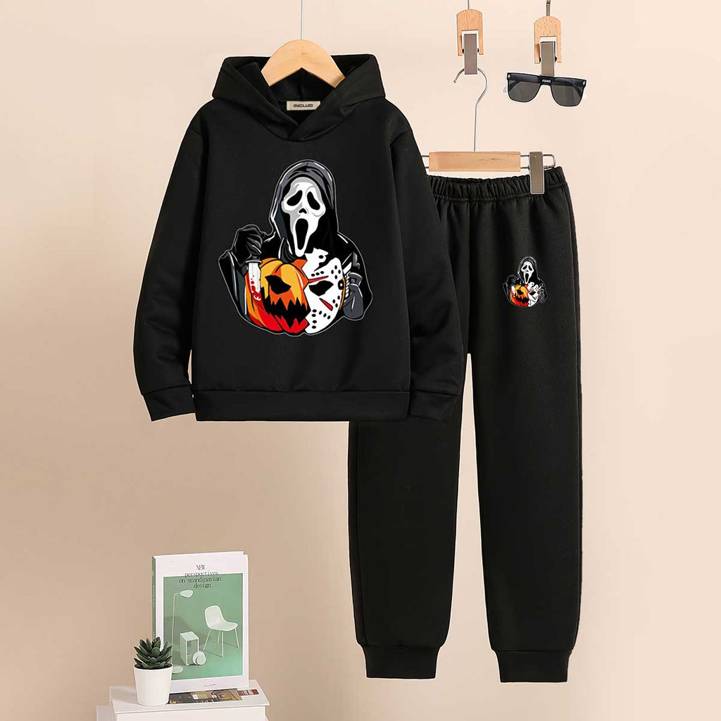 Boys Black Halloween-Themed Printed Hooded Sweatshirt With Jogger Co-ord Sets 2 pc. Sets Black 7-8 Y