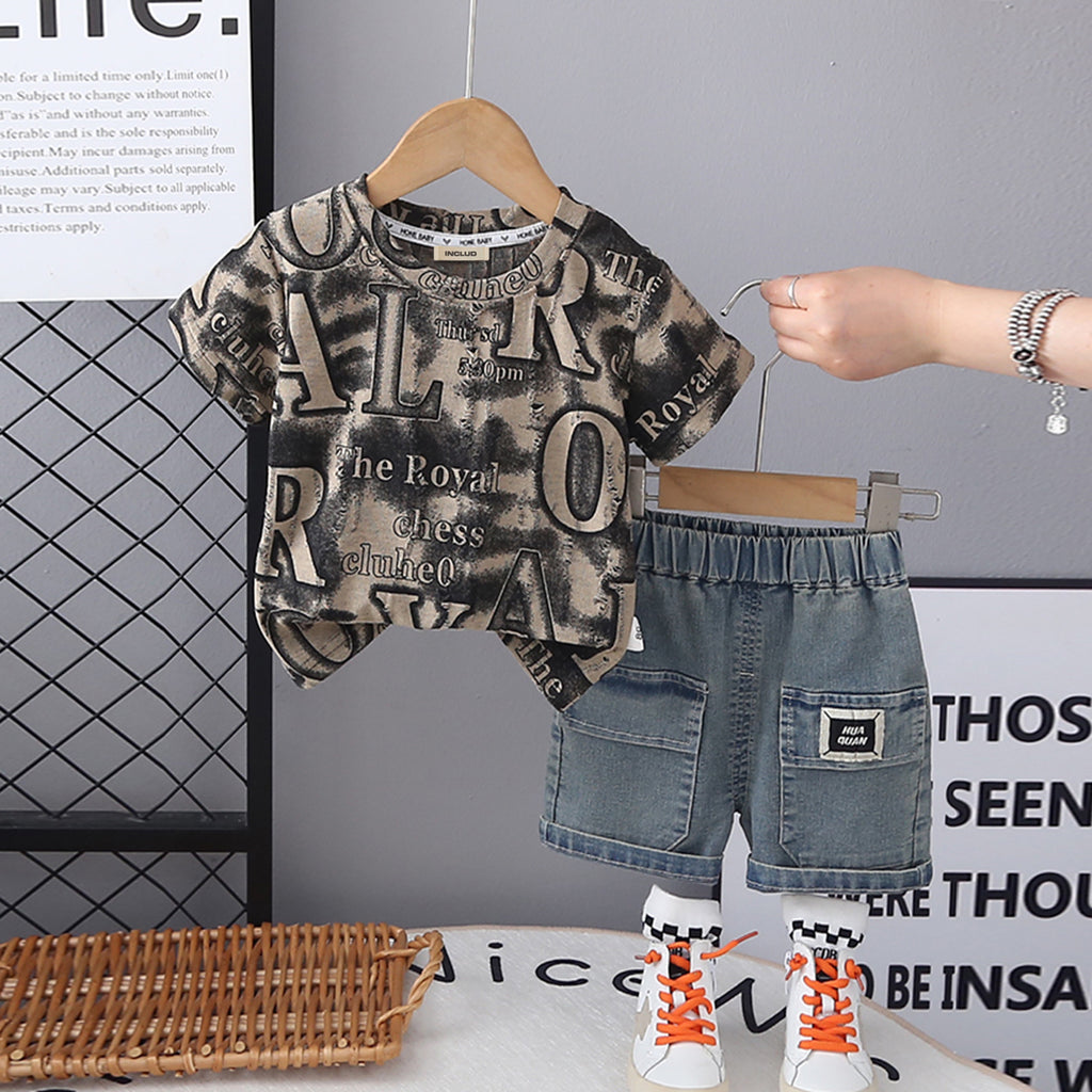 Boys Khaki Typographic Printed Short Sleeves T-Shirt With Denim Shorts Set 2 pc. Sets Khaki 1-2 Y