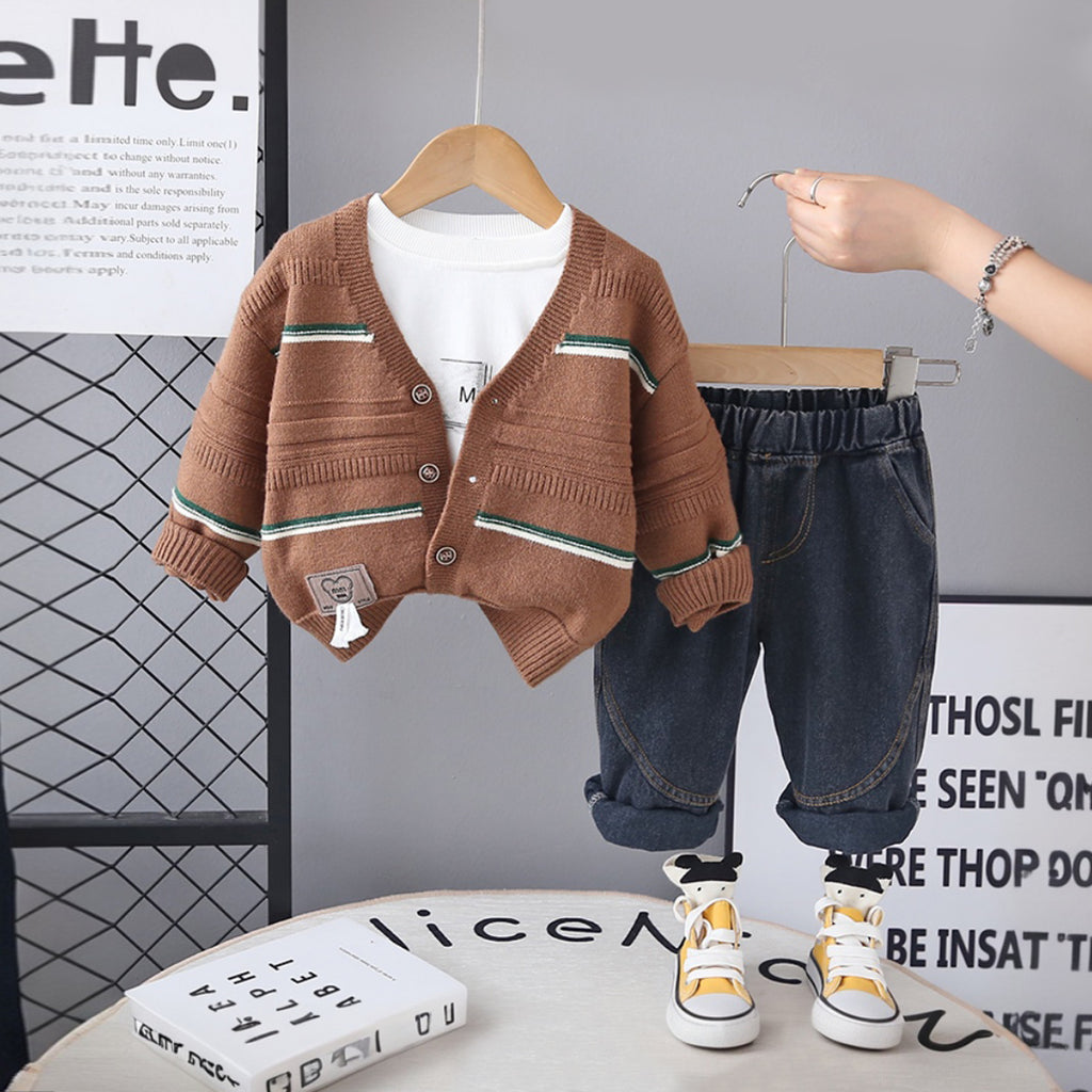 Boys Brown Self-Design Cardigan With T-Shirt and Denim Pants set Sets Brown 1-2 Y