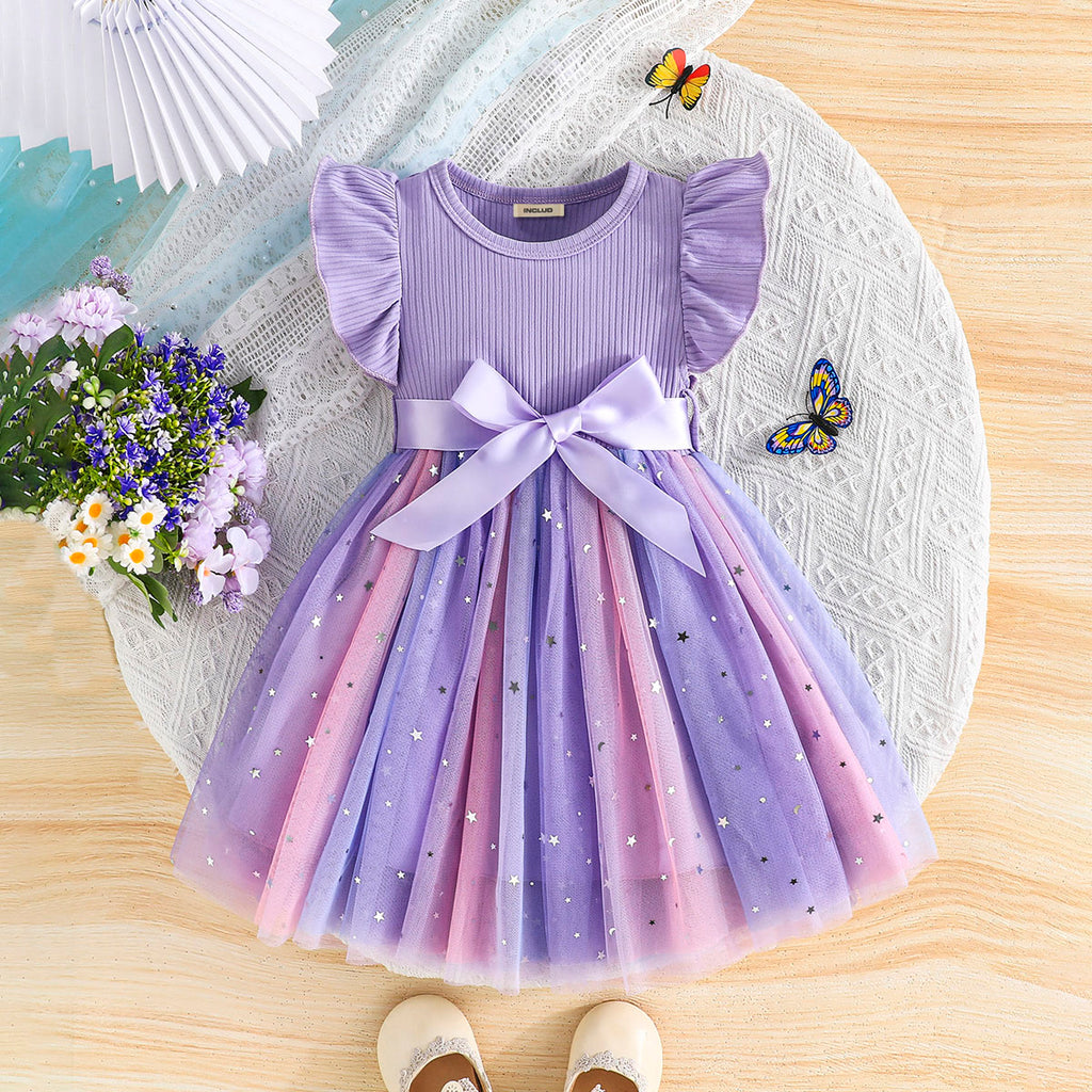 Girls Purple Star Printed Flutter Sleeves Dress Casual Dresses Purple 1-2 Y
