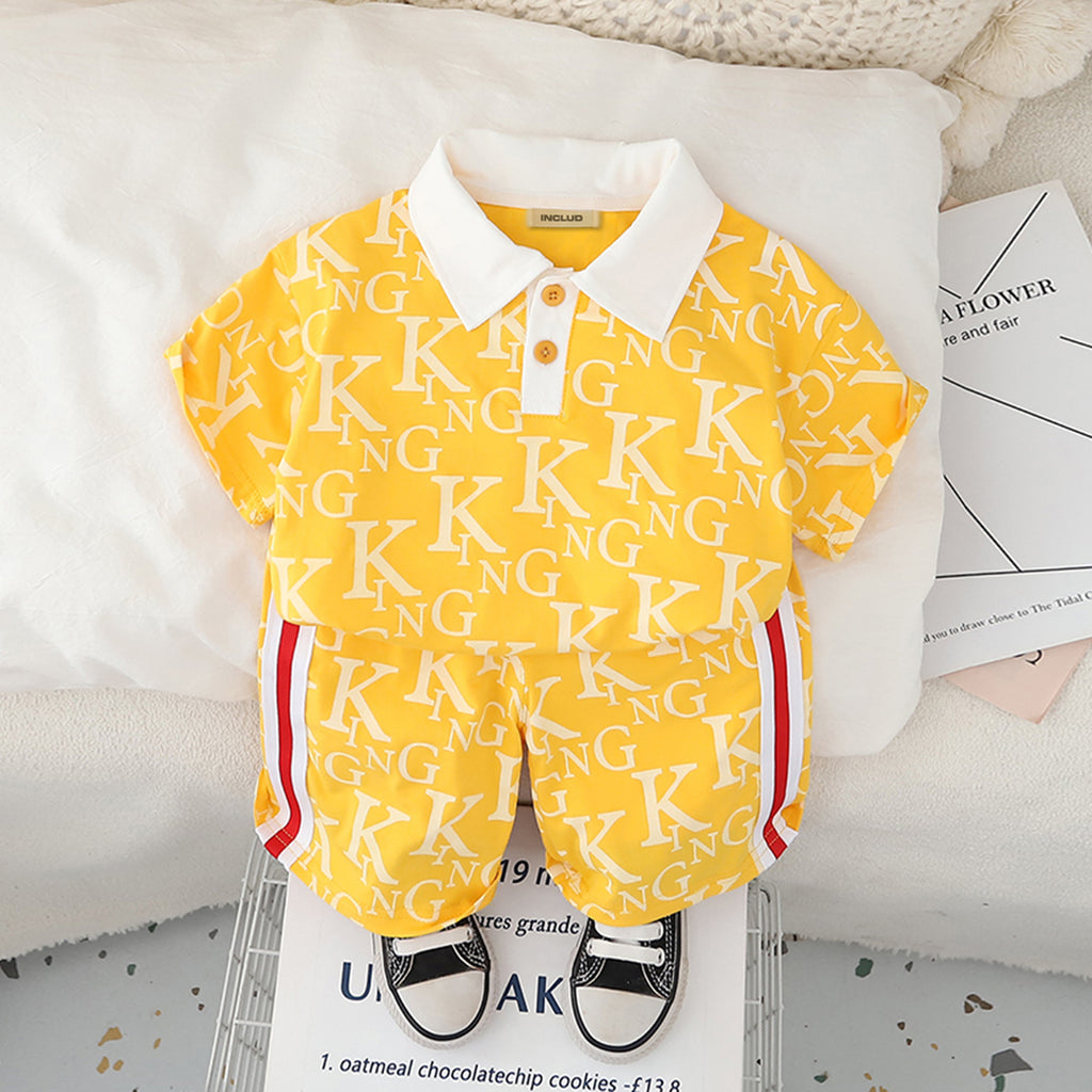 Boys Yellow Printed Polo T-Shirt With Shorts Set 2 pc. Sets Yellow 1-2 Y