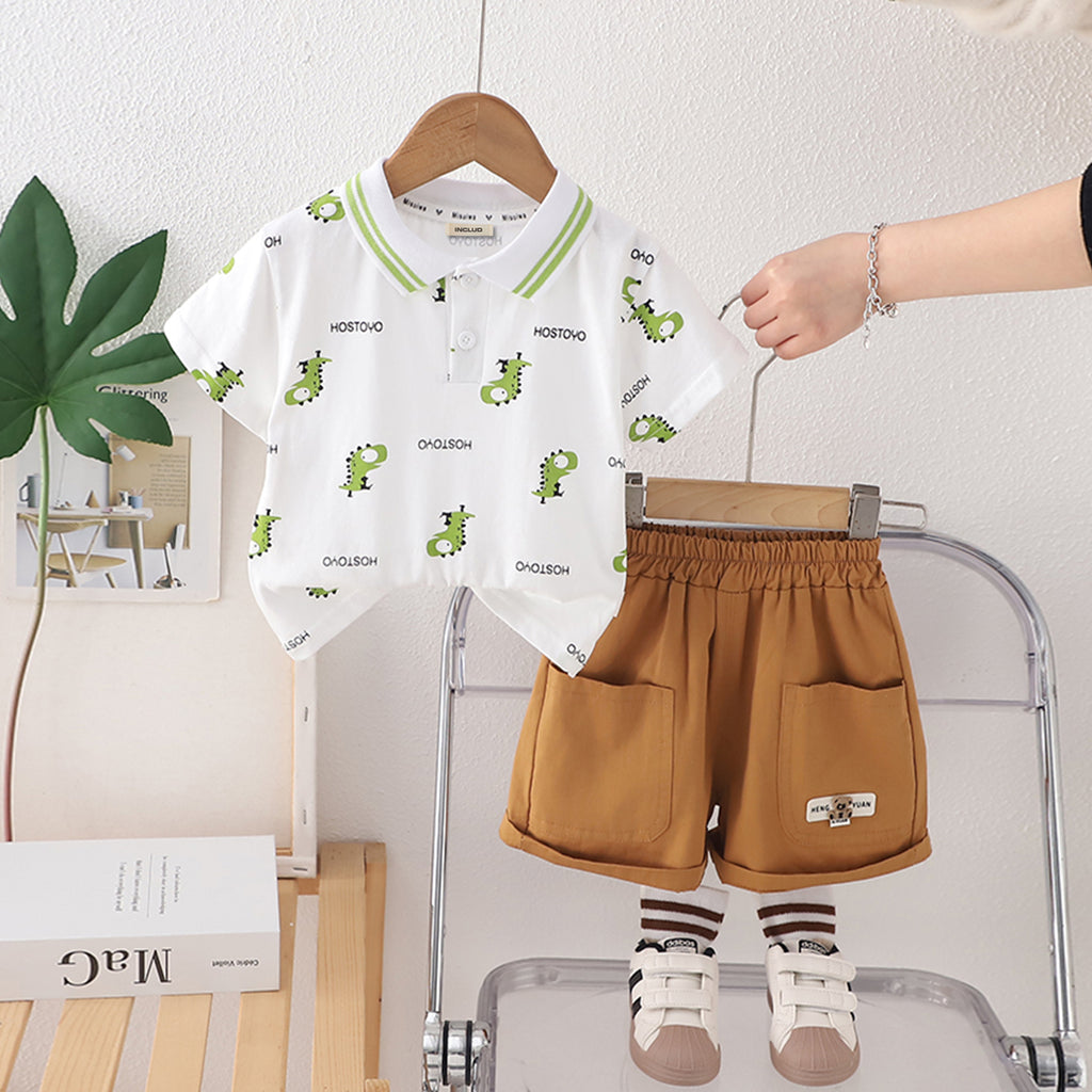 Boys Green Printed Short Sleeves Polo T-Shirt With Shorts Set 2 pc. Sets Green 1-2 Y