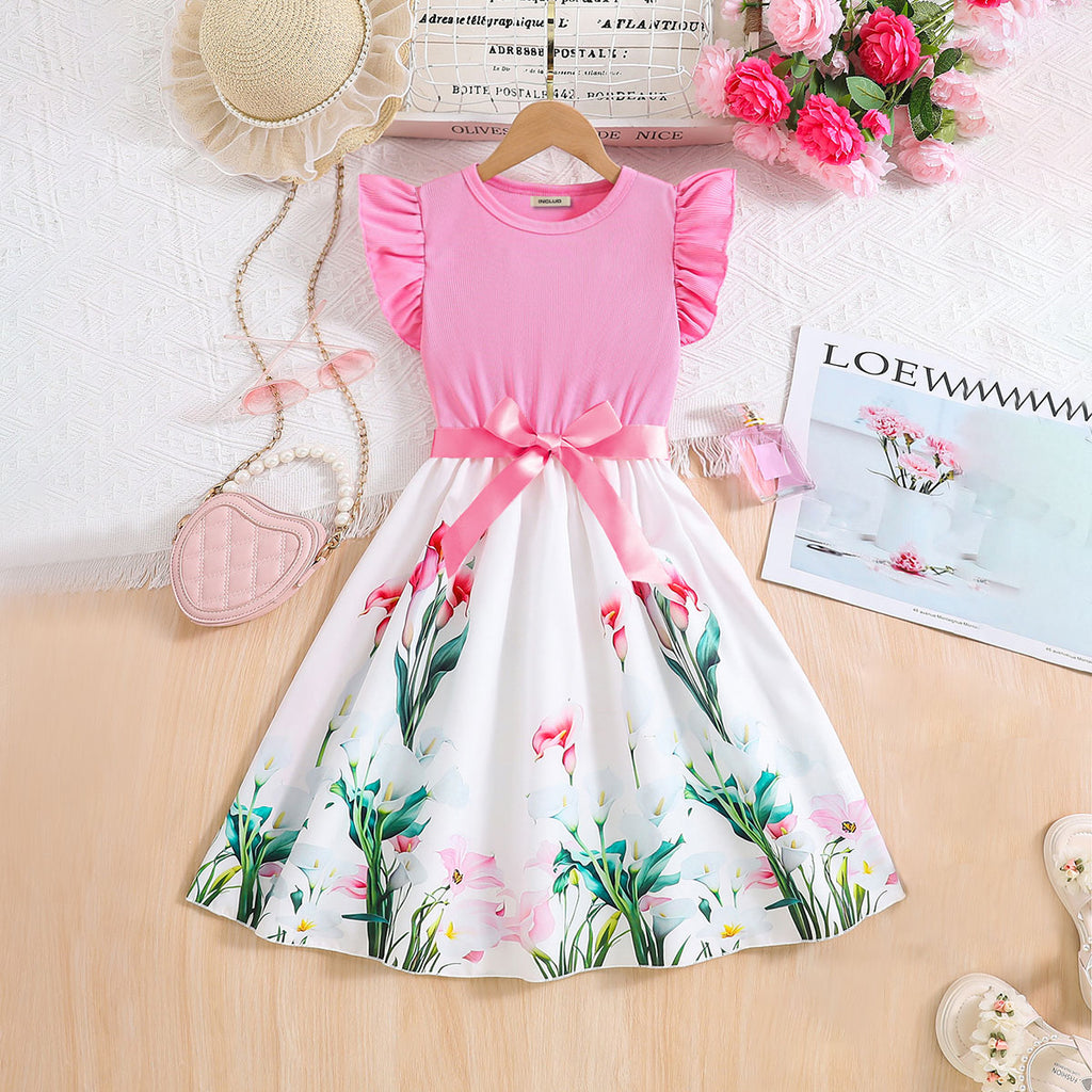 Girls Candy Pink Floral Printed Flutter Sleeves Midi Casual Dress Casual Dresses Pink 3-4 Y