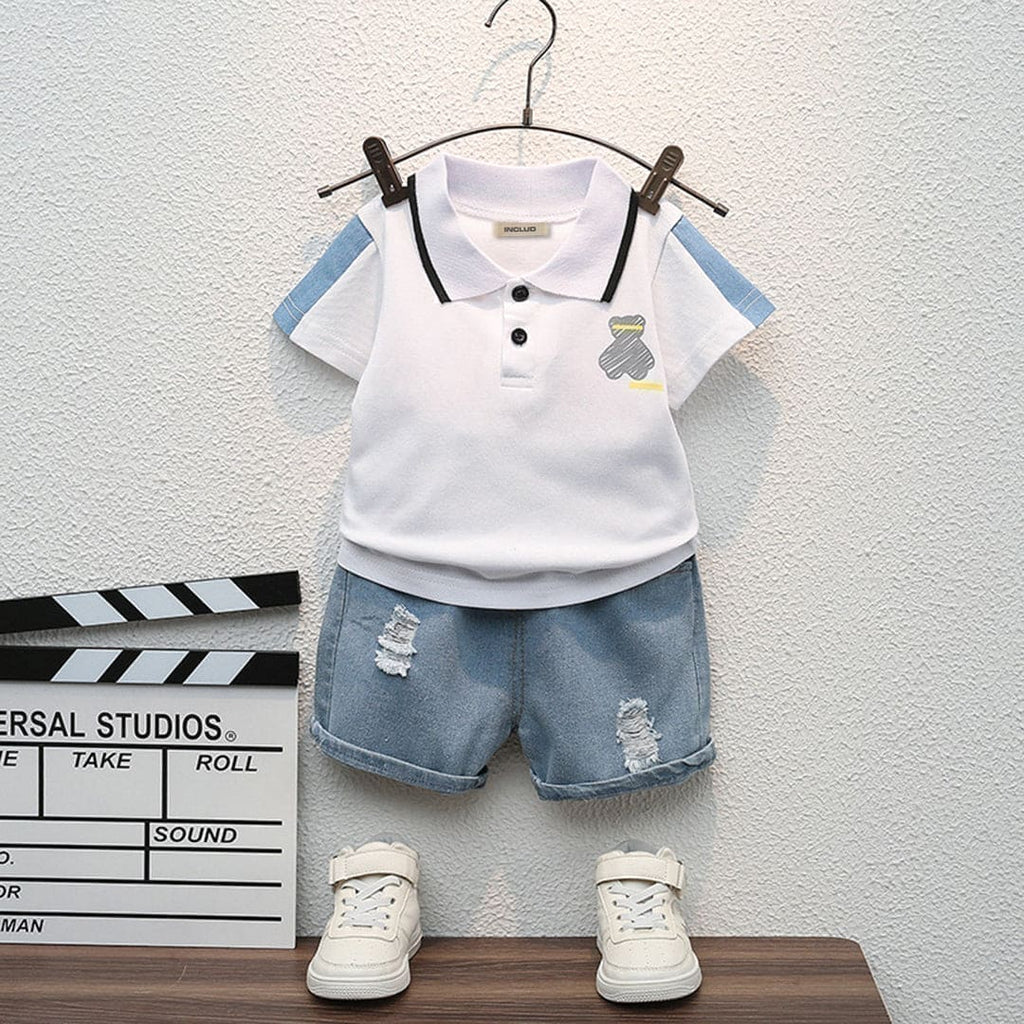 Boys White Graphic Polo T-Shirt With Denim Shorts Set (Copy) Sets White 1-2 Y