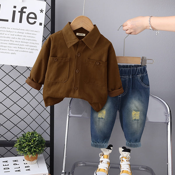 Boys Brown Patch Pocket Shirt With Denim Jeans Set Sets Brown 1-2 Y