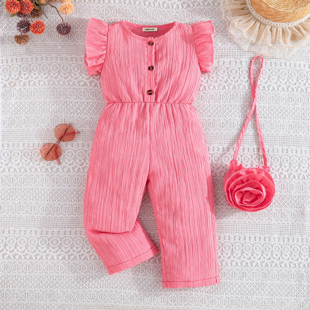 Girls Pink Textured Flutter Sleeves Overall Jumpsuit With Sling Bag Jumpsuits Pink 2-3 Y