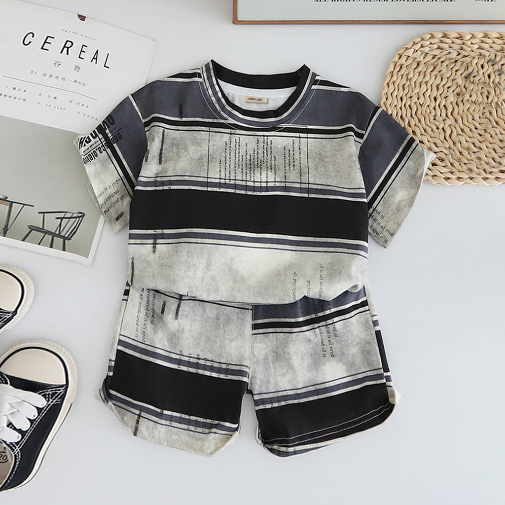 Boys Grey Striped Short Sleeves T-Shirt With Shorts Set 2 pc. Sets Grey 1-2 Y