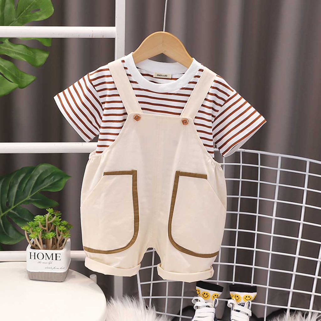 Boys Striped T-Shirt With Short Length Dungaree Set 2 pc. Sets Khaki 1-2 Y 