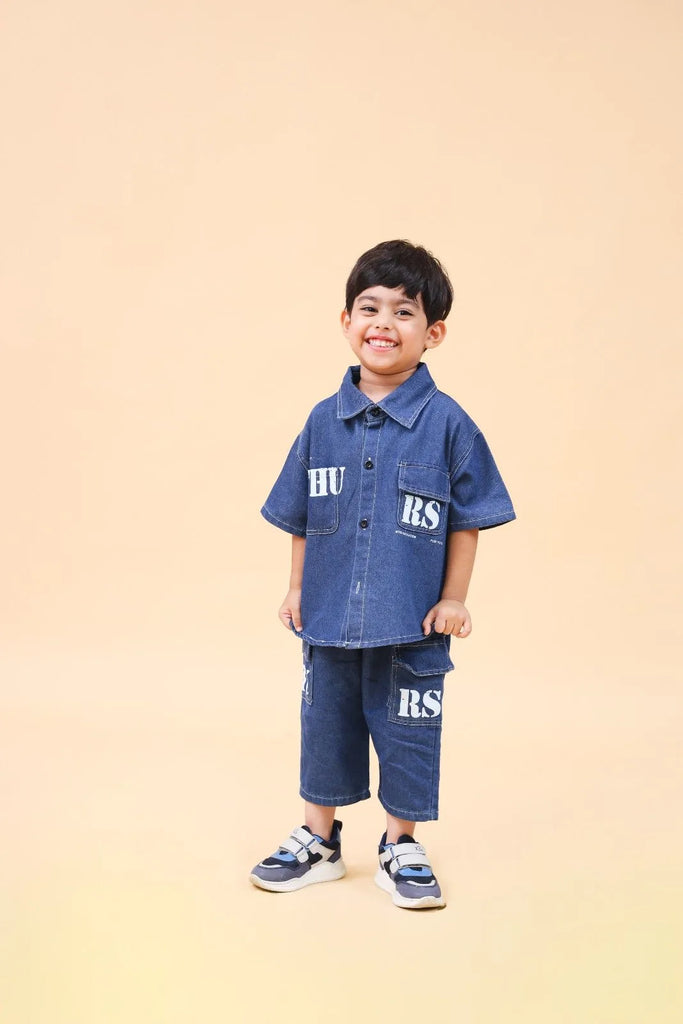 Boys Blue Denim Printed Short Sleeves Shirt With Cargo Pants Set 2 pc. Sets