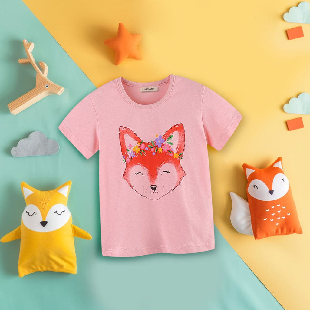 Girls Fox Print Short Sleeves Casual T-shirt Tshirts Pink 1-2 Y 