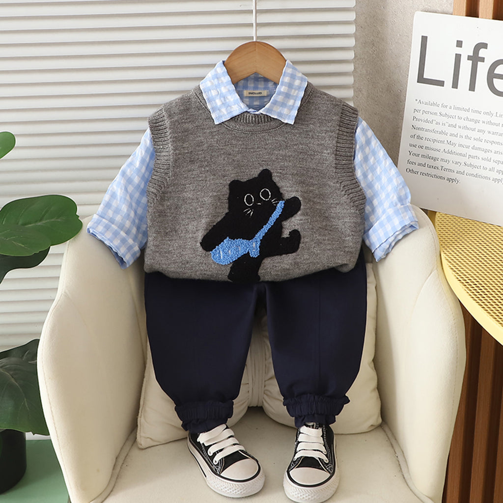 Boys Blue Cat Applique Sweater Vest With Shirt and Pant Set 3 pc. Sets Blue 1-2 Y